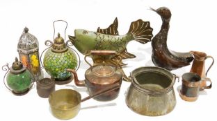Metal model of a duck, a metal model of a fish, a copper kettle and further metalwares