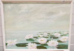 20th century school Oil on board Water lilies in a pond, unsigned, 44.5cm x 59cm, a modern oval