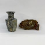 Stone vase, baize stuck to the base and a mid-20th century agate, battery-run clock with metal