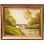 L. W. Mee  Oil on board River scene with fisherman on bank and bridge beyond and a vintage