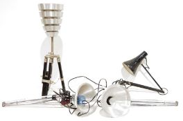 Three industrial-style tripod lamps and a table-clamp anglepoise type (4)