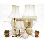 Six assorted table lamps and a wicker laundry basket (7)