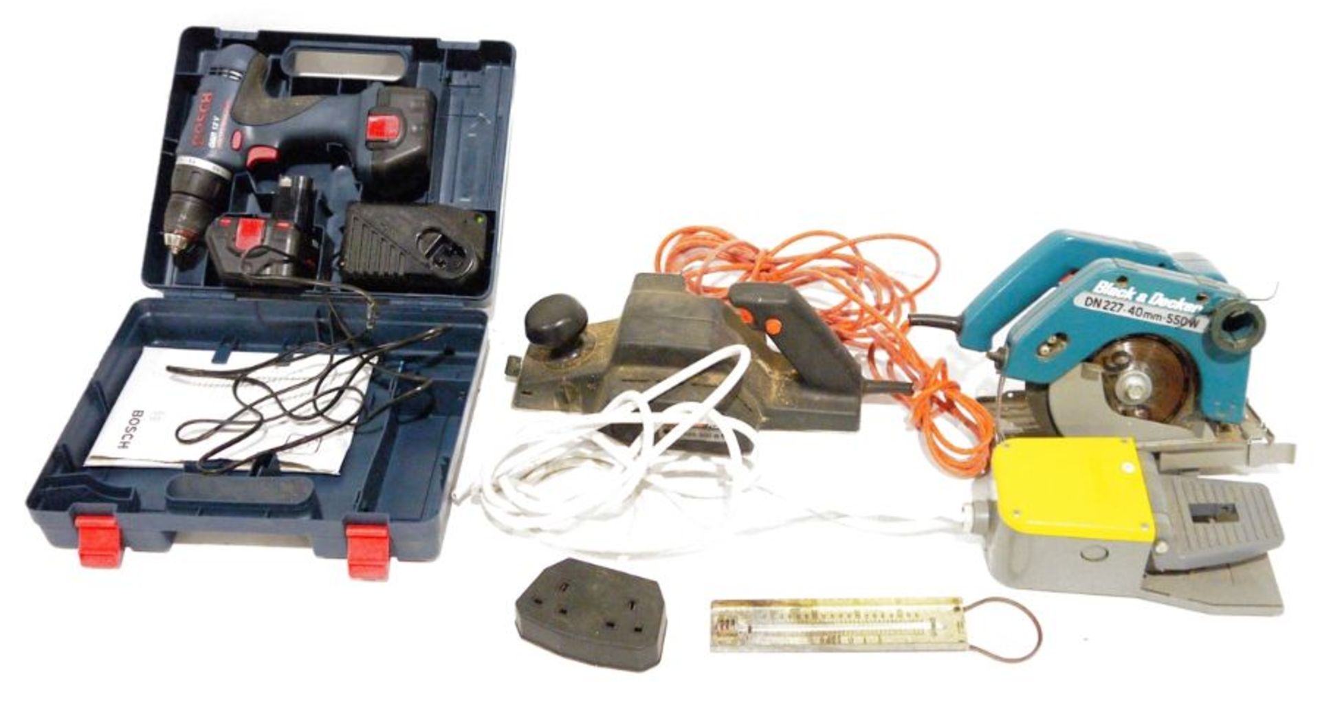 Box of assorted tools to include a Bosch drill, a Black & Decker circular saw, a Black & Decker