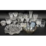 Bristol blue glass jug, assorted cut glass decanters and further glassware to include wine