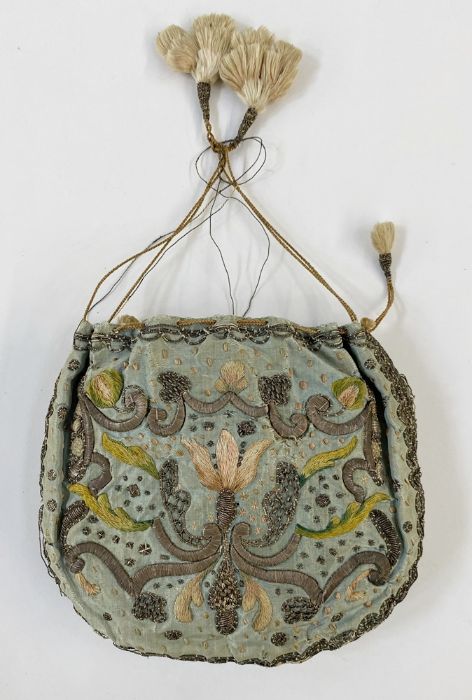 18th century embroidered silk purse reticule, probably ecclesiastical, the pale blue ground - Image 8 of 15