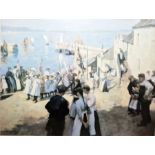 After Stanhope Forbes Colour print 'Gala Day at Newlyn', figures with flags parading on quayside