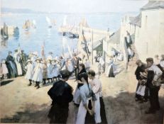 After Stanhope Forbes Colour print 'Gala Day at Newlyn', figures with flags parading on quayside