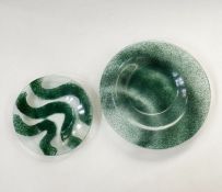 A studio clear glass dish with green wave pattern, marked to base A4'01, 23.5cm in diameter and