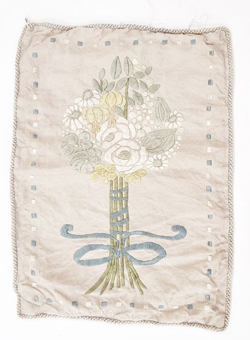Art Nouveau/Arts & Crafts embroidered linen cushion cover decorated with posy of stylised flowers