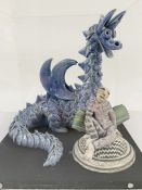 Studio pottery model of a dragon with seated figure and dog, dragon with blue glaze, figure