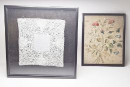 19th century silk embroidered picture, probably on silk ground, posy of rosebuds and other flowers
