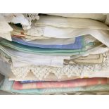 Assorted table linen to include embroidered napkins, tablecloths with crocheted borders, crocheted