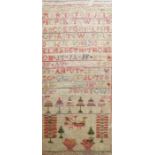 Sampler on linen, probably 19th century, with alphabet, trees and birds, inscribed 'Elizabeth