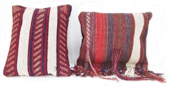 Cushion with woven wool geometric front panel, striped, with long tassels and another similar (2)