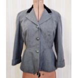 A vintage grey jacket labelled Dellbury Model, tailored in England, pure worsted, velvet detail to