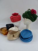 Quantity of various vintage hats to include fake fur, satin, raffia, straw, chiffon, felt, fine blue