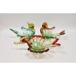 Three Murano sommerso glass models of stylised birds in red, amber and green colourway, two with