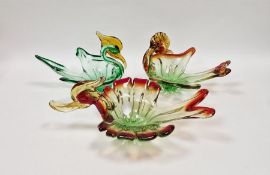 Three Murano sommerso glass models of stylised birds in red, amber and green colourway, two with
