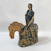 Studio pottery figure of a lady riding a horse, initialled indistinctly to the inside, 37cm high