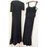 A mid 20th century full length evening dress, black crepe and chiffon decorated with faux jet,