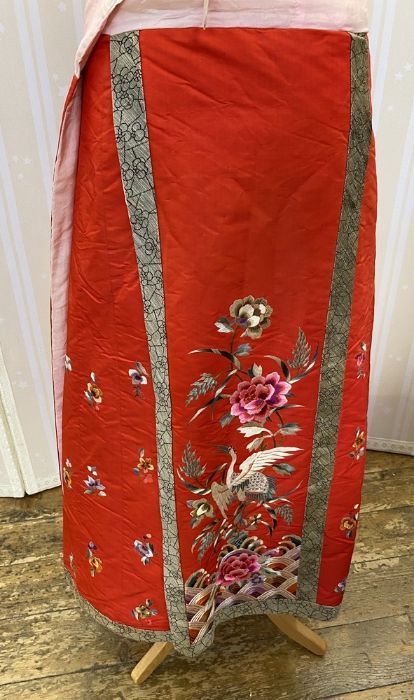 Chinese embroidered red silk skirt, padded, pink silk tie waistband, embroidered with flowers, - Image 4 of 8