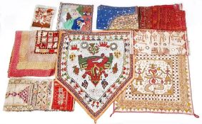 Mica Indian panels, beaded Ganesh panel, embroidered panel, South American panels and two linen