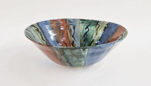 Large white stoneware bowl with red, blue and green glaze panels, incised LW mark to base, height