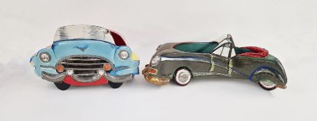 Two studio pottery stoneware planters in the form of stylised 1950's cars (2)Condition ReportBlue/