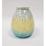 Ruskin pottery vase of tapered baluster form, with a crystalline glaze in streaked yellow and blue