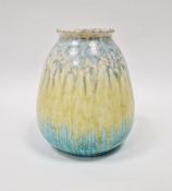 Ruskin pottery vase of tapered baluster form, with a crystalline glaze in streaked yellow and blue