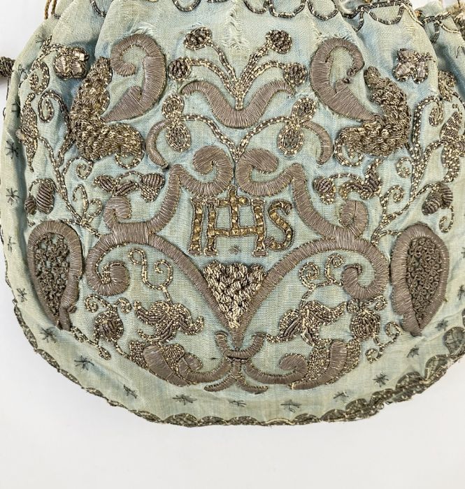 18th century embroidered silk purse reticule, probably ecclesiastical, the pale blue ground - Image 2 of 15