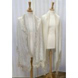 Chinese silk embroidered shawl, rectangular shape and a plain silk deep fringe shawl (2)