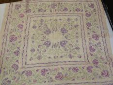 1920'S silk embroidered dressing table cloth/wrap, in pinks, mauves and greens, cut and drawn thread