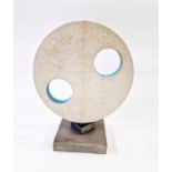Stik Designs pierced circular stone sculpture mounted on slate base, painted duck egg blue on