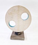 Stik Designs pierced circular stone sculpture mounted on slate base, painted duck egg blue on
