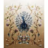 Silk embroidery on gold silk ground, peacock with magnolia and floral scrolling border, in gilt