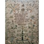 19th century sampler with birds, floral sprays, inscription 'on Easter Day', inscribed 'Martha S.