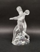 Lalique frosted glass 'Deux Danseuses' figure group of two nude dancers, etched mark to base, height