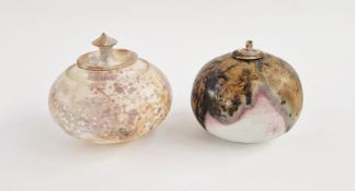 Janet Adam (1940-2021) Studio porcelain lidded pot of squat bulbous form, with swirling ochre, black