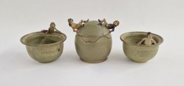 Philip Little (contemporary) humorous studio pottery lidded pot and two bowls incorporating