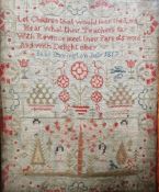 19th century sampler on linen, with verse 'Let Children at Wood Fear ...', floral and foliate