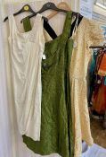 A Blanes vintage 1950's cocktail dress green figured satin, broad straps, a ruched bodice with a