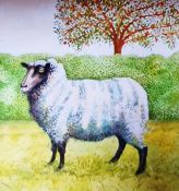 Mary Sumner  Watercolour drawing Sheep beside hedge and tree, signed and dated 1981, 17cm x 15.5cm