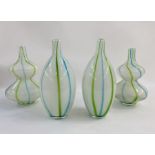 Pair of Italian Empoli white cased glass vases of double gourd form with green and blue stripes,