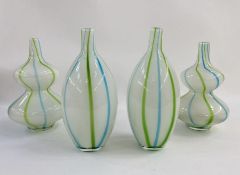 Pair of Italian Empoli white cased glass vases of double gourd form with green and blue stripes,