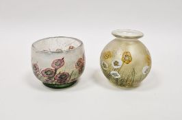 Two Isle of Wight miniature glass vases with floral decoration, both retaining original labels to
