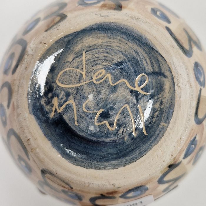 Annie Hewett terracotta jug with incised leaf decoration on blue brush marks over a cream ground, - Image 8 of 10