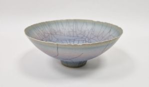 David White (1934-2011) studio porcelain footed bowl with torn rim, craquelle glaze of blue/grey