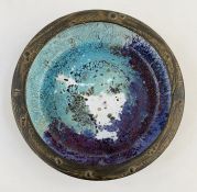 Studio pottery bowl, probably by Andrew Wilson, with flattened scroll over rim decorated with