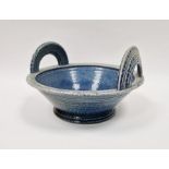 Jane Hamlyn (b.1940) salt glazed bowl with twin handles, in blue and green colourway, impressed